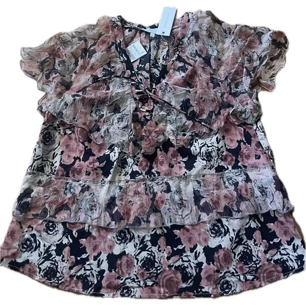 Lucky Brand NWT Ruffle Pink and Black Blouse Women’s Size Small